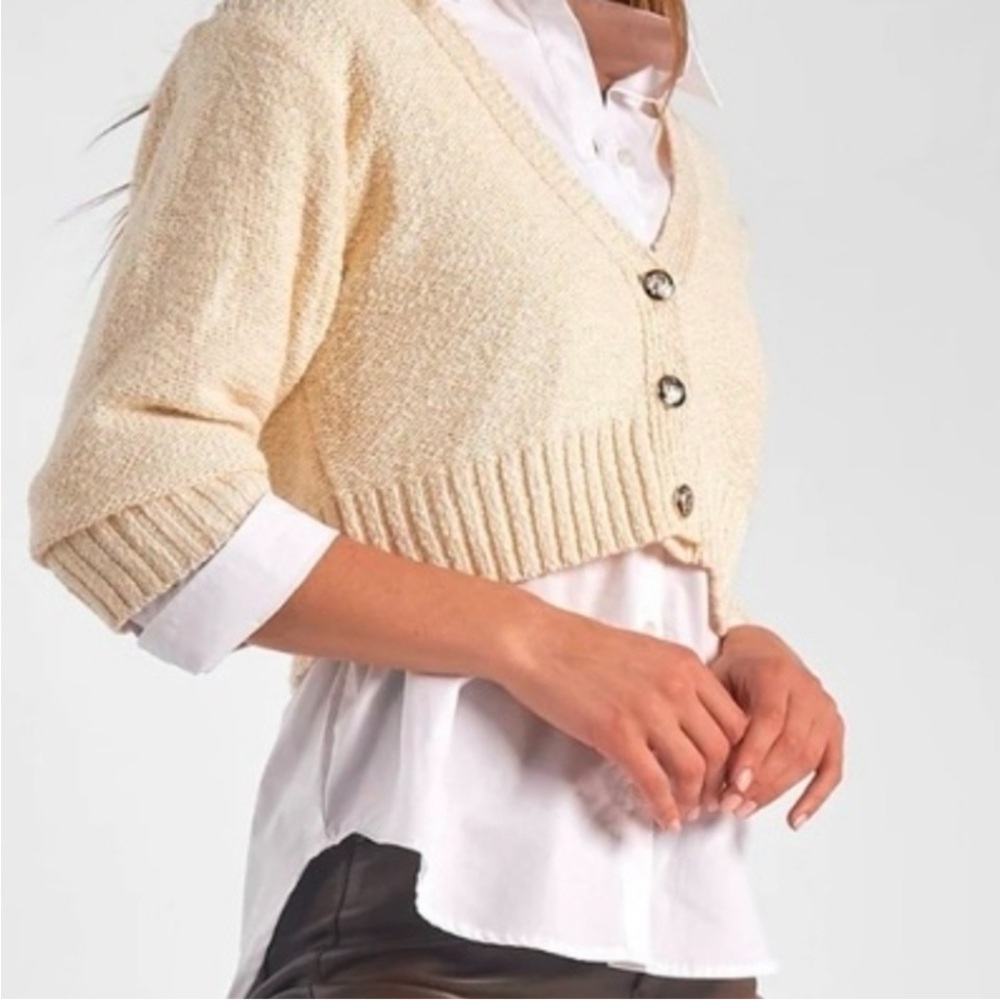 Elan white button-down with a chic cropped sweater overlay, two-in-one look S